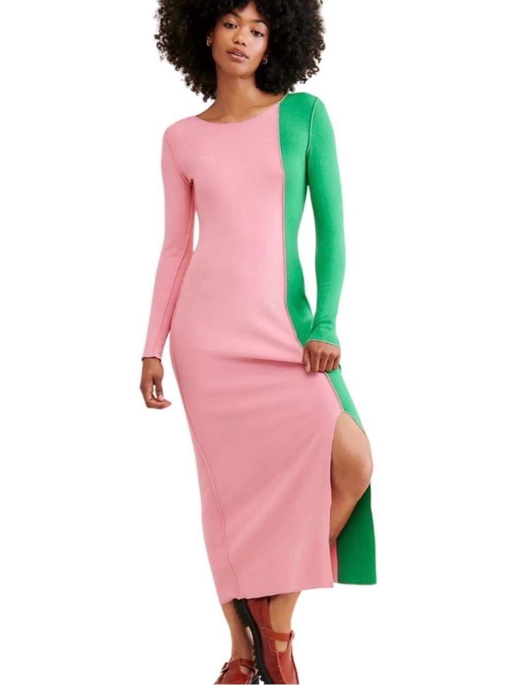 Pink and Green Colorblocked Long-Sleeve Midi Dress